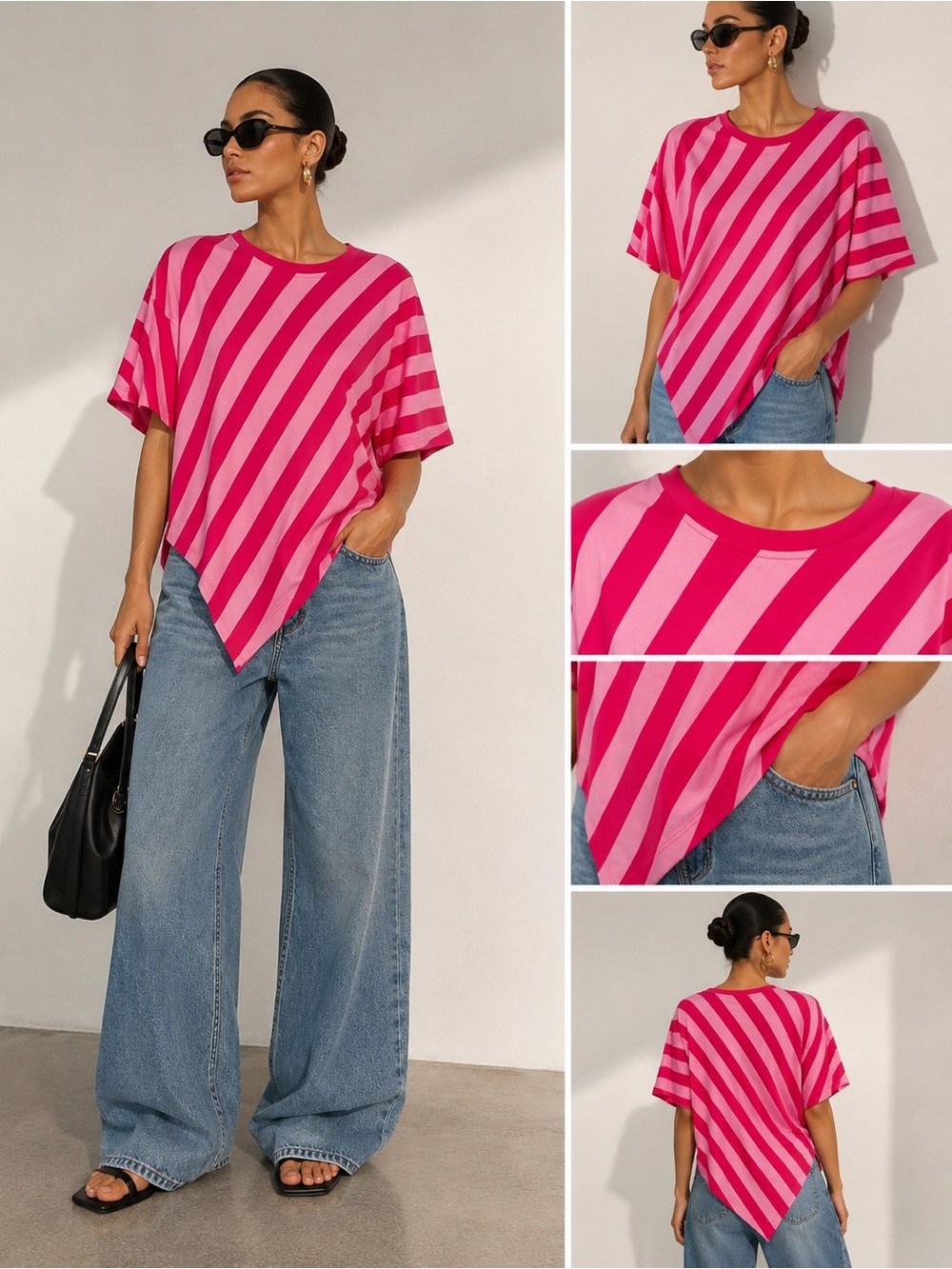 Zara Pink Striped Asymmetric Oversized T-Shirt – Size L NWT